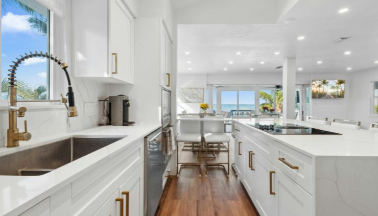 Modern white kitchen with a view to the ocean.